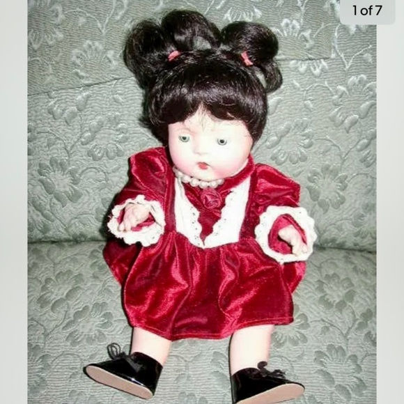 Vintage, 12” Composition Baby Doll in Burgundy Velvet...